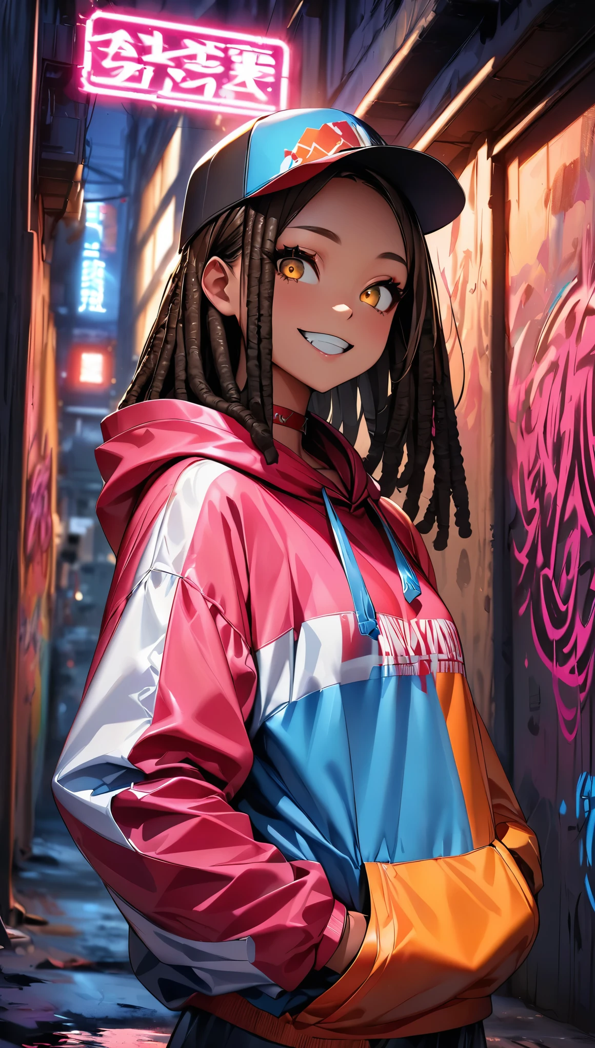 (Highest quality:1.2, Very detailed, up to date, Vibrant, Ultra-high resolution, High Contrast, masterpiece:1.2, Highest quality, Best aesthetics), (((1 person))), Dark brown hair girl, Golden Eyes, Dreadlocks, Wearing a cap, Wrapper Style:1.4, at night, Colorful hoodies, Black oversized cargo pants, Red choker, Painted walls. The background is a realistic dark slum. crazy smile, Dark Theme, Neon Light, graffiti, at night, city, Dim lighting, mysterious, Glowing Skin, Random Pause:1.2, Perfect Fingers, Five Fingers, Anatomically correct, Background Blur.