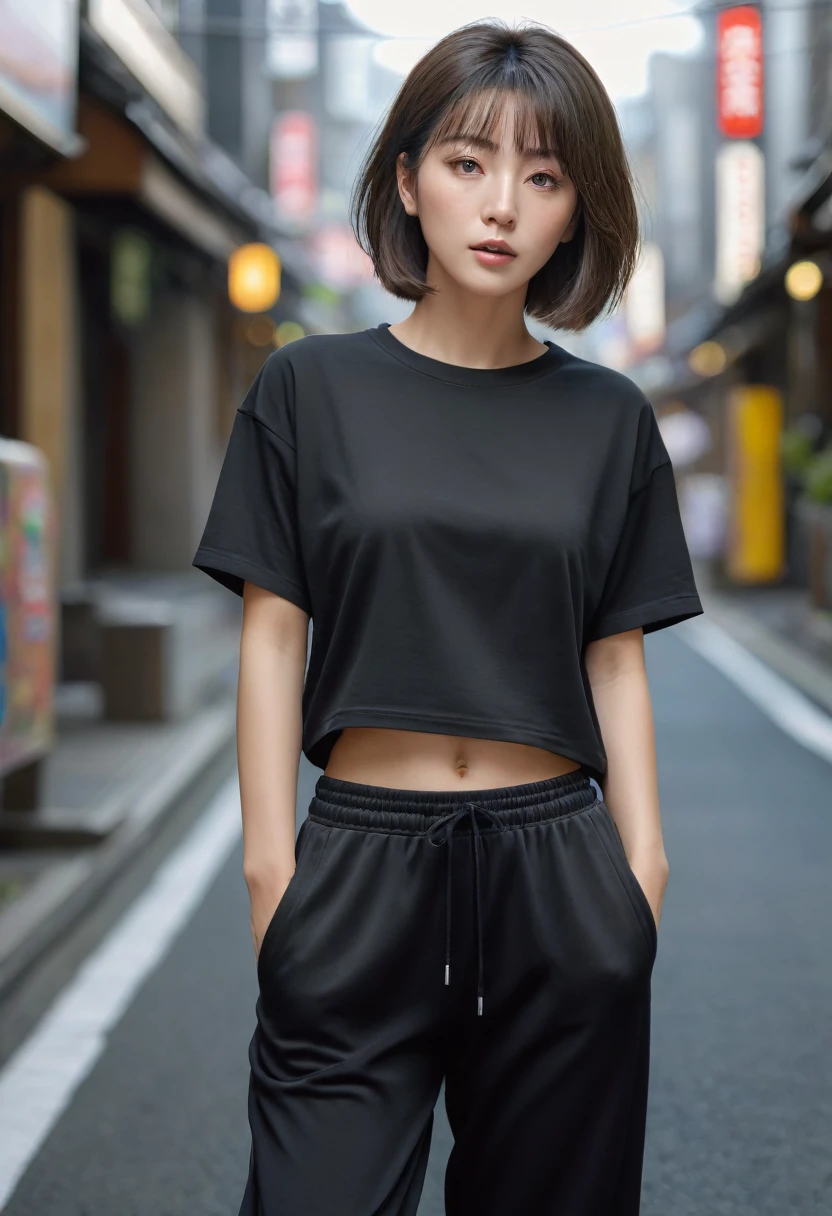 (best quality,4k,8k,highres,masterpiece:1.2),ultra-detailed,(realistic,photorealistic,photo-realistic:1.37), Cool beauty，Looks sweet，(bob haistyle), wearing black oversize t-shirt, women's long pants, sports long pants, half body photo, standing, healthy skin,even toned, natural light and color, One Woman, soft eyes, street of tokyo,