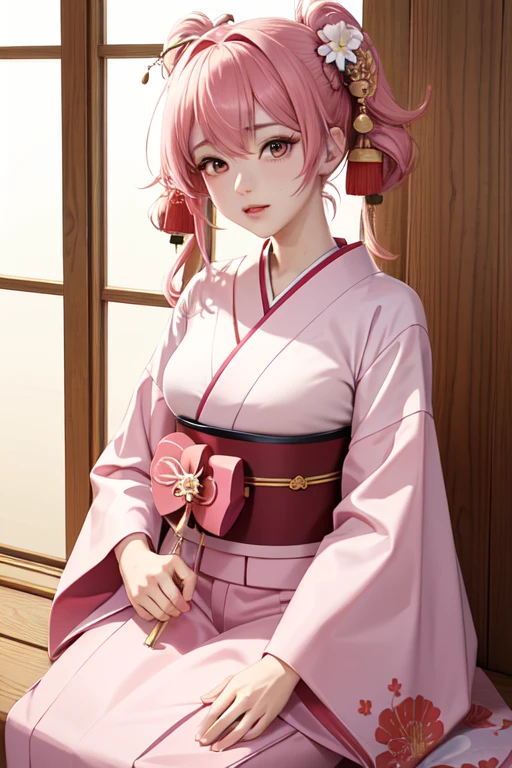 masterpiece, Highest quality, Very detailed, High resolution, expensive resolution, High resolution, 4K, 8k, Unity 8k wallpaper, Extremely detailed CG, masterpiece, 2D, 3d, Beautiful details, depth, Fine texture, Highest quality: 1.3, Perfect focus, Crispy skin, he, Very cute anime, wearing a Japanese fancy floral haori hakama, expensive pink twin tail hair, , looking at the viewer, expensive, blush, Mole, Open your lips, Pink Eyes,an anime girl with pink twin-tailed hair wearing a Japanese kimono a,Love horoscope,mysterious,front,Looking at this