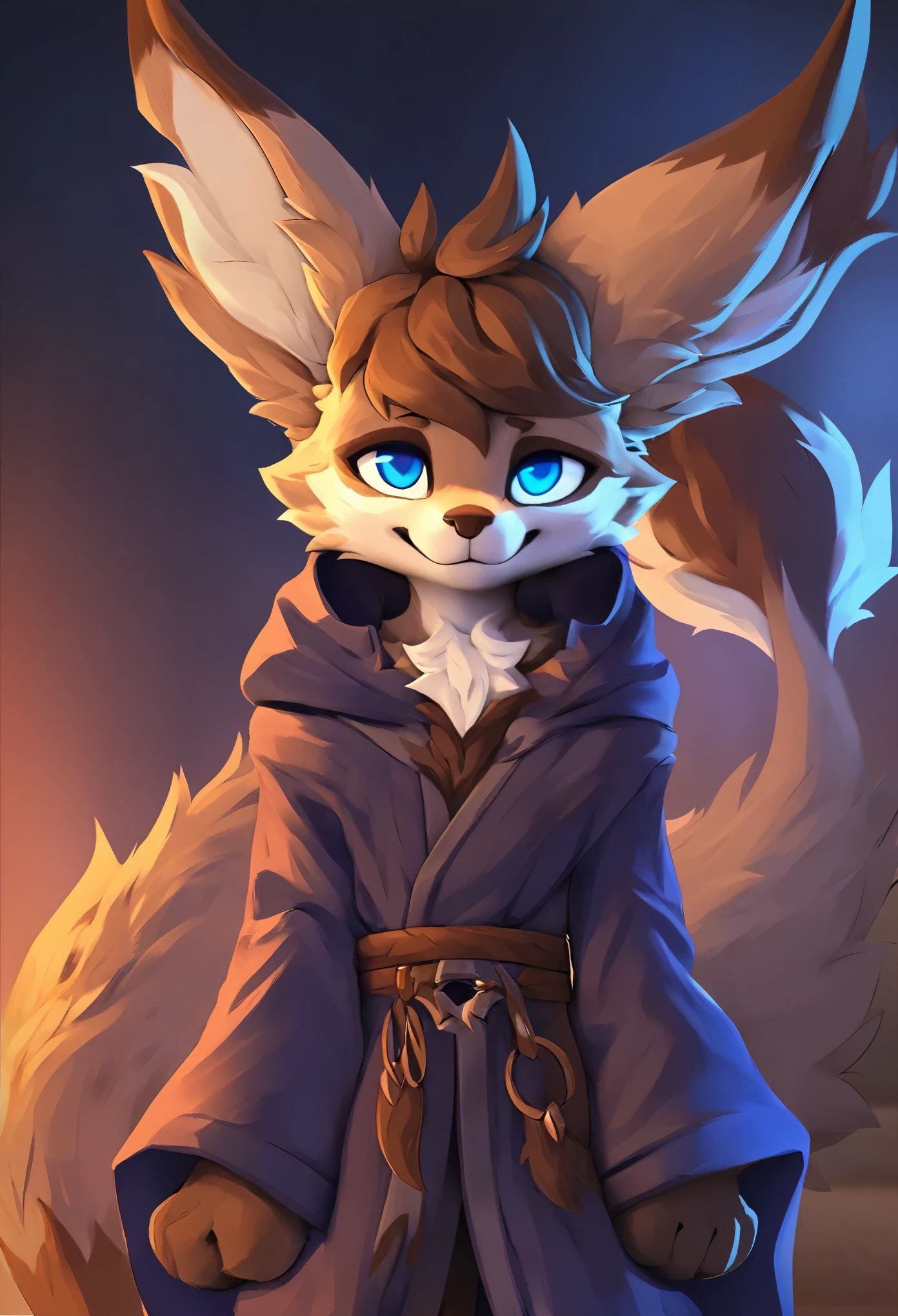 (top quality, best quality, High-quality illustrations, masterpiece) (hobkin, furry, anthro), male, full body concept, huge tail, fluffy fur, blue eyes, robe clothing