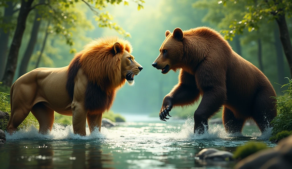 There is a stream in the forest A lion is standing on one side of the river and a bear is standing on the other side facing each other