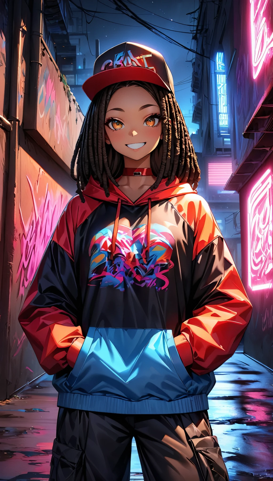 (Highest quality:1.2, Very detailed, up to date, Vibrant, Ultra-high resolution, High Contrast, masterpiece:1.2, Highest quality, Best aesthetics), (((1 person))), Dark brown hair girl, Golden Eyes, Dreadlocks, Wearing a cap, Wrapper Style:1.4, at night, Colorful hoodies, Black oversized cargo pants, Red choker, Painted walls. The background is a realistic dark slum. crazy smile, Dark Theme, Neon Light, graffiti, at night, city, Dim lighting, mysterious, Glowing Skin, Random Pause:1.2, Perfect Fingers, Five Fingers, Anatomically correct, Background Blur.