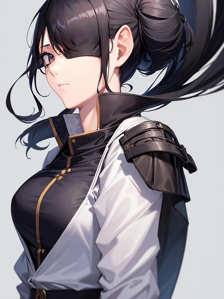 1girl, low ponytail, black hair, black eye, eye patch, medium breasts, military uniform, blue uniform, upper body, no background, no expression,