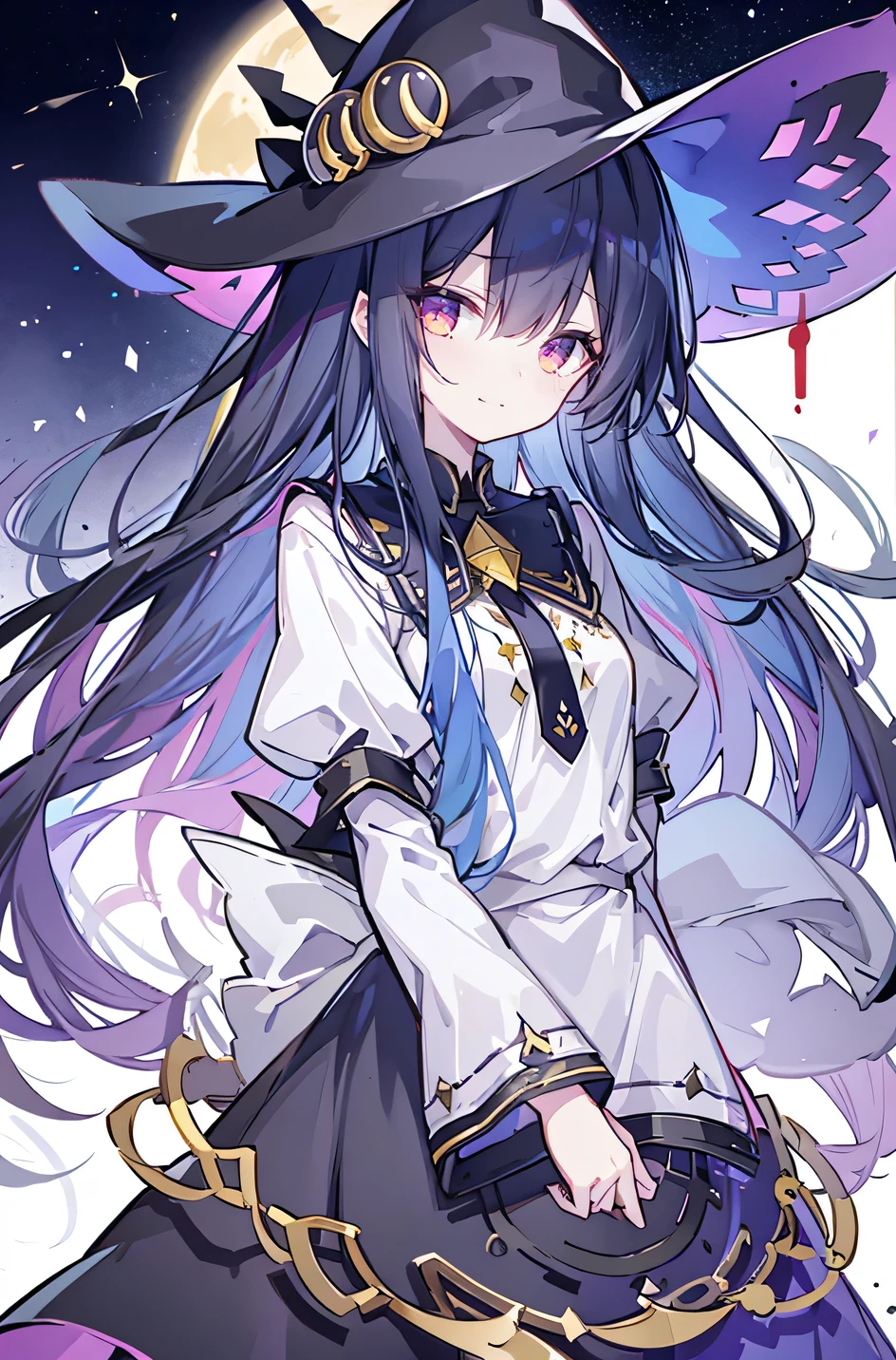 oung Girls,Humanity,A magician always smiles,big witch hat,cute,dark blue long hair,The eyes are dull,The bangs are heavy,Thin eyebrows,fantasy,intake,Double teeth,Star Theme,Constellation pattern,Solid color clothetal decoration,cloak,A bit of a dark atmosphere,A little crazy smile,When the big moon shines outside at night,blood,Hair black star embellishment,Short tie,No nails,High waist skirt,Bell sleeves,Long-sleeved shirt,Black tie,low risk,gentlemen。Mist、Yellow and white effect，Shocking pink as an accent color