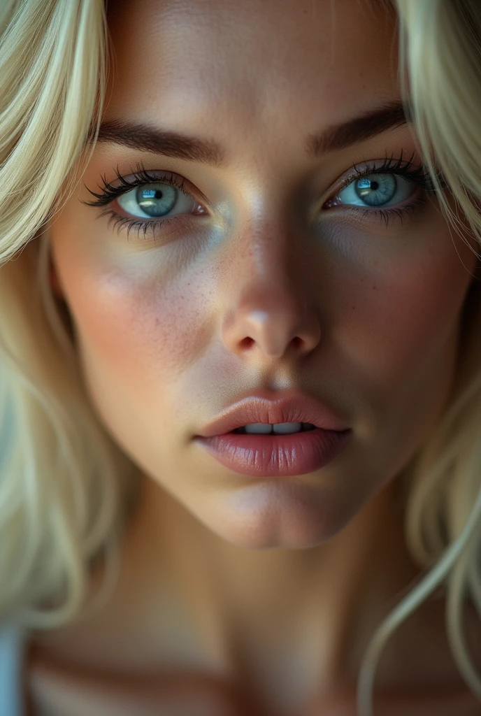 Ultra close-up portrait of a blonde woman, her soft lips and blue eyes the focus on the image, minor imperfections adding to her beauty.