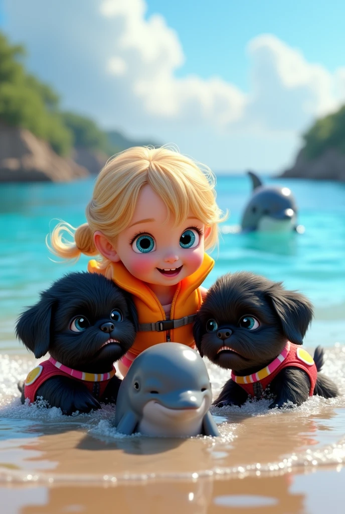 cute adorable 2 black shih tzu puppies, cute blonde girl, extremely detailed, big blue eyes, wearing colorful collar and life jacket, swimmimg with cute dolphin, 3D Pixar style, at beach, photorealistic, (best quality,8k,highres,masterpiece:1.2),ultra-detailed,(realistic:1.37),HDR,vivid colors,studio lighting
