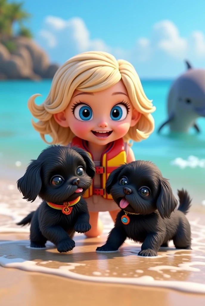 cute adorable 2 black shih tzu puppies, cute blonde girl, extremely detailed, big blue eyes, wearing colorful collar and life jacket, swimmimg with cute dolphin, 3D Pixar style, at beach, photorealistic, (best quality,8k,highres,masterpiece:1.2),ultra-detailed,(realistic:1.37),HDR,vivid colors,studio lighting