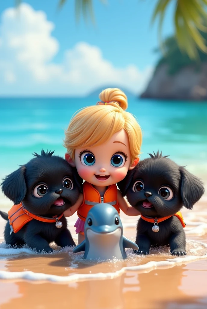 cute adorable 2 black shih tzu puppies, cute blonde girl, extremely detailed, big blue eyes, wearing colorful collar and life jacket, swimmimg with cute dolphin, 3D Pixar style, at beach, photorealistic, (best quality,8k,highres,masterpiece:1.2),ultra-detailed,(realistic:1.37),HDR,vivid colors,studio lighting