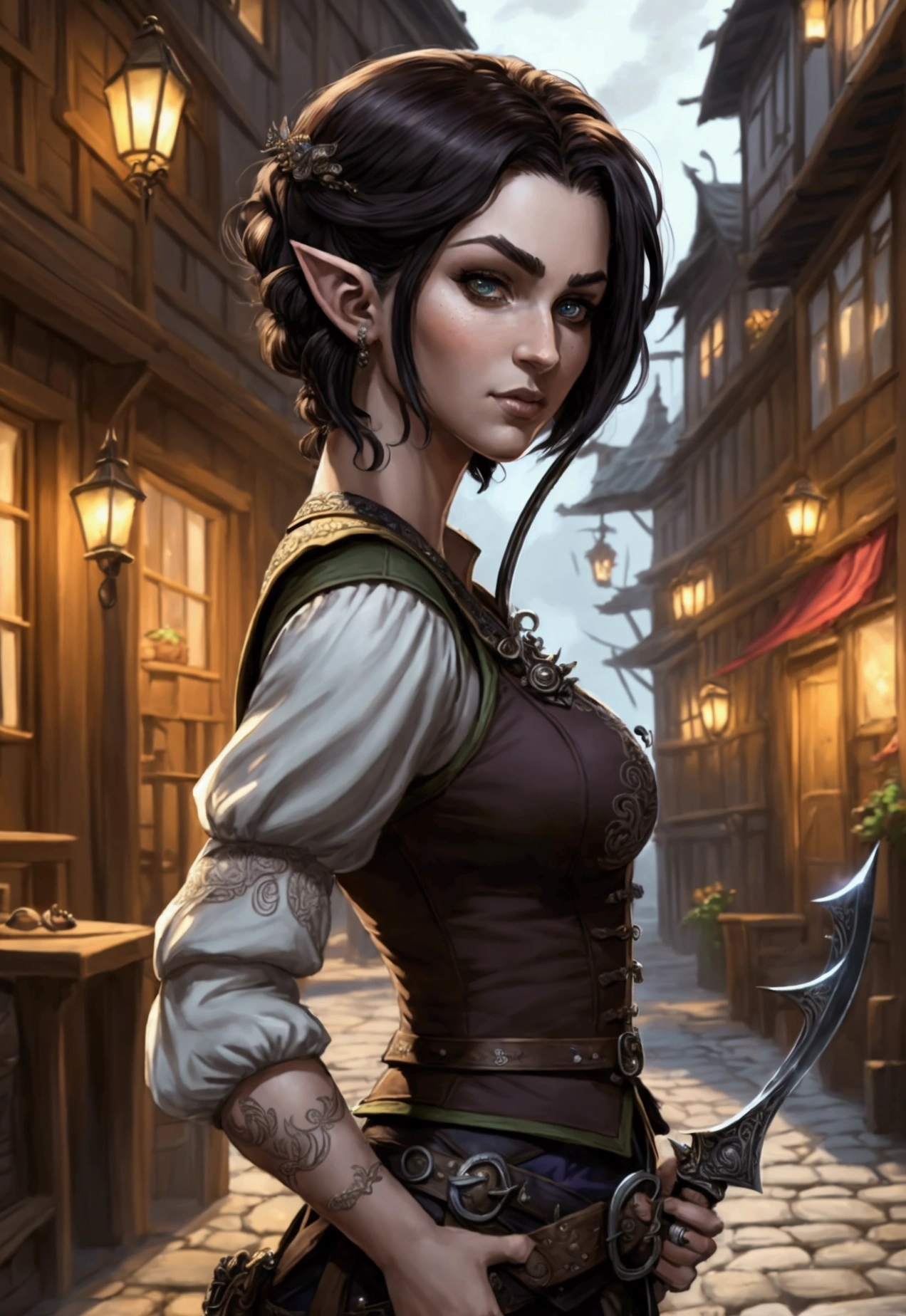 (Masterpiece, Best quality, Top quality, Intricate details, Beautiful, aesthetic:1.2), a drawing of a woman , medium shot, samdoesarts style, character art closeup, portrait of a dnd character, half elf woman, rpg book portrait beautiful woman, character portrait, 1 female elf, beautiful short dark hair, swashbuckler, rogue, dressed well, black trousers, baggy britches, and vest, a sickle hangs from her hip, daytime, crowded city streets, fantasy city, cobblestone streets,