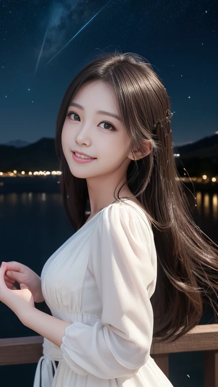 (logo、masterpiece、8k、Tabletop、RAW Photos、wonderful、最high quality、Photorealistic and very detailed CG composite 8k wallpaper、high quality、Very detailed、Narrative poem、Particle Effects、Dynamic Effects、Depth of the Boundary)What is written is、Cinematic Light、Lens flare、Ray Tracing)、Fantasy、(night、night空、Starry Sky、full moon)、(Girl looking up at the sky)、sit、 cute、Japanese、(smile)、Long black hair、Strong winds、(Hair blowing in the wind)、(White Dress)、Natural light、moonlight、(Landscape photography)、(Bust up shot)、(Low position)、(Low Angle)