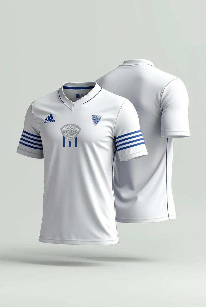 make a white V-neck shirt with a crest and blue stripes on the sleeves, goal and shirt bar, make the shirt front and back in the same image