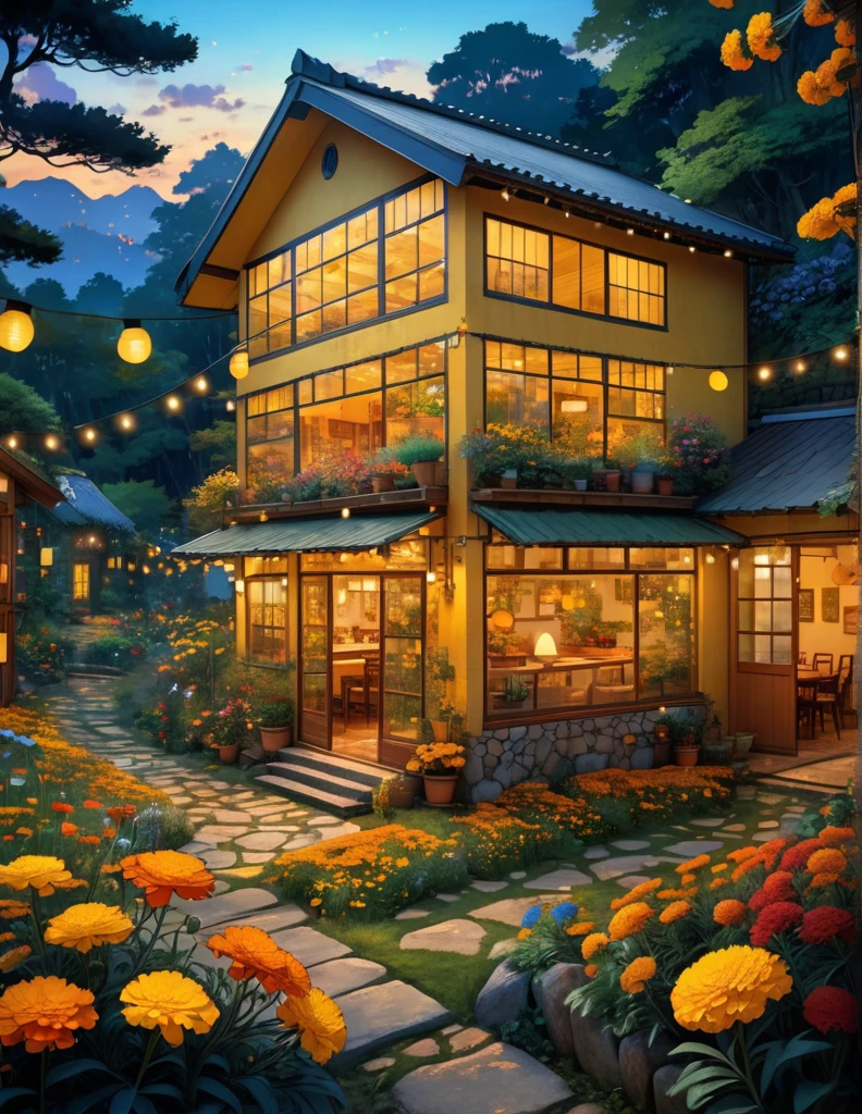 wide view, ghibli art scene, a two storey yellow apartment, bug glass windows, covered with marigold flowers, forest, remote location, late evening, string lights, stone path, garden, dining setup outside, nature, shed, cozy atmosphere, micro landscape, intrinsic details, masterpiece
