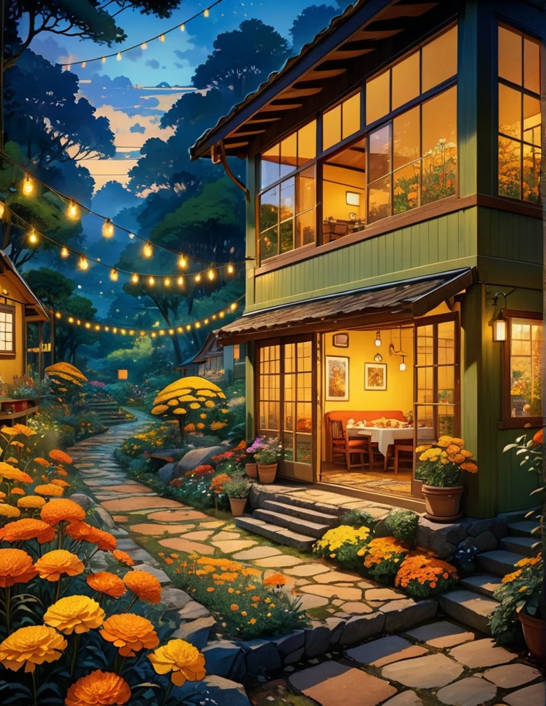 wide view, ghibli art scene, a two storey yellow apartment, bug glass windows, covered with marigold flowers, forest, remote location, late evening, string lights, stone path, garden, dining setup outside, nature, shed, cozy atmosphere, micro landscape, intrinsic details, masterpiece