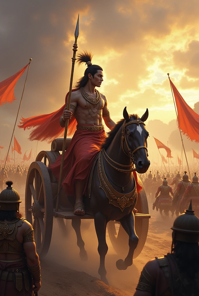 Create a dynamic and authentic image of Krishna and Arjuna on the battlefield of the Mahabharata. The scene should capture the intensity of the moment, with Krishna delivering his divine counsel from the chariot. Arjuna, in his warrior attire, should be depicted in a state of contemplation or doubt. The background should showcase the chaos of battle, with soldiers and chariots in action, and the landscape of the Kurukshetra battlefield. The overall composition should evoke the epic nature of their dialogue, emphasizing both the spiritual and dramatic aspects of the scene. In the chariot