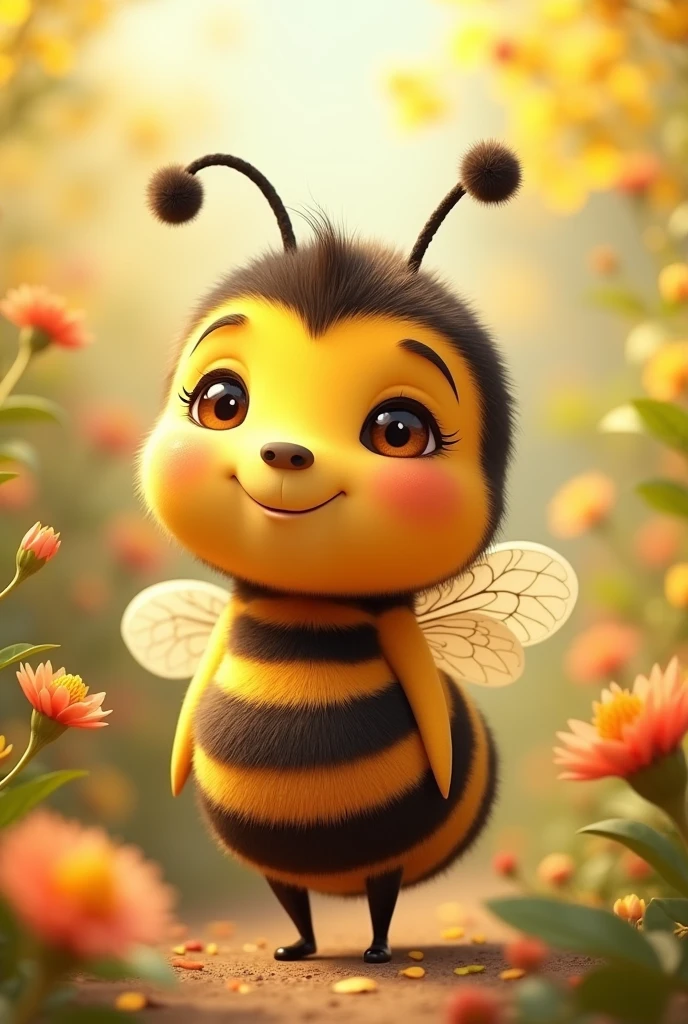 a female bee mascot with a gentle, sweet, and low smile