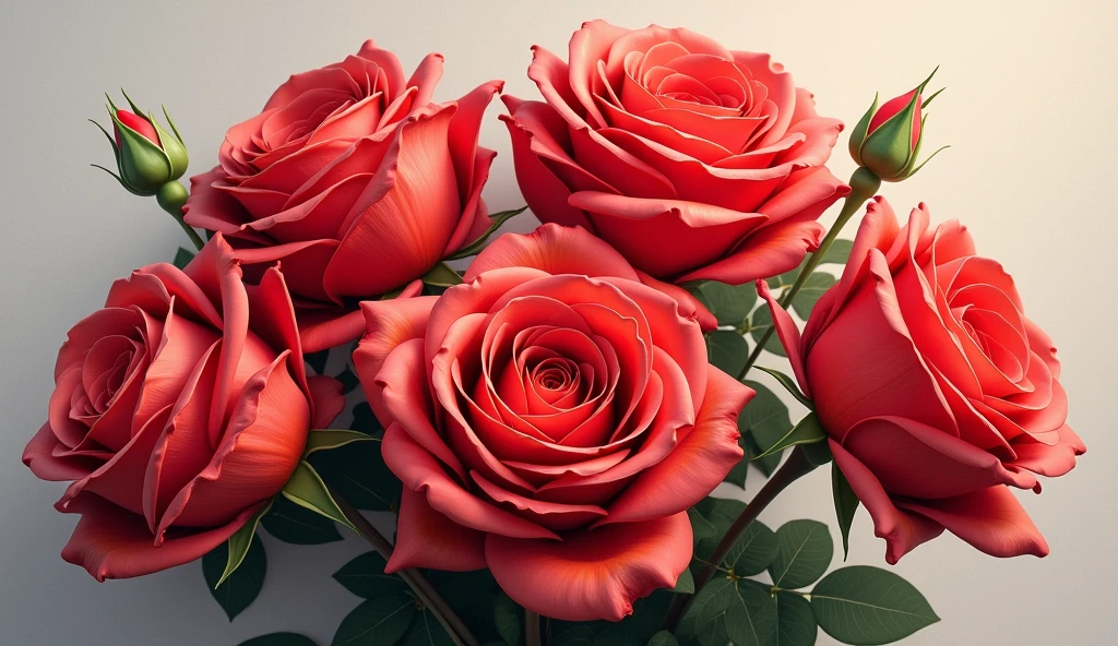A highly detailed, hyper-realistic painting of an arrangement of delicate red roses, vibrant colors, sharp lines, intricate petals, delicate stamens, studio lighting, realistic, 8K resolution, masterpiece