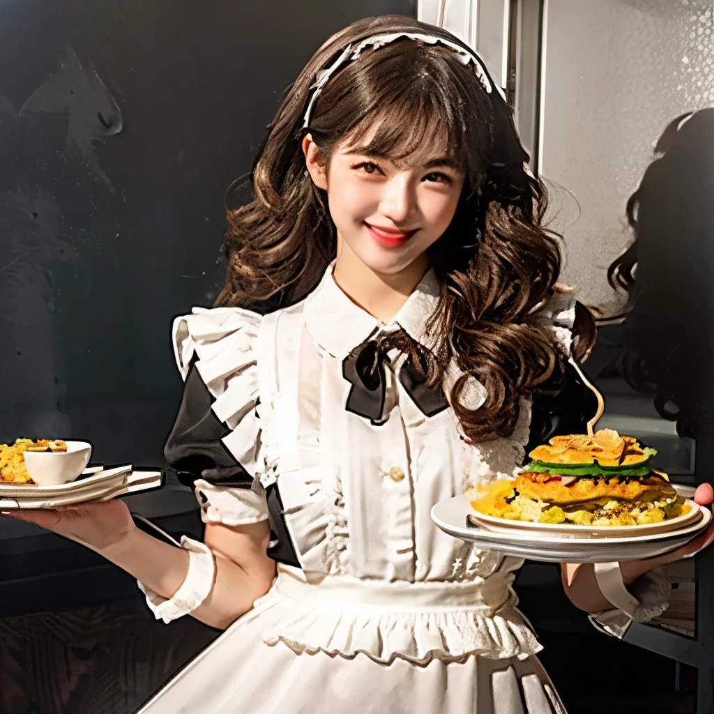 (Realistic:1.3), In detail, quality, Rembrandt Lighting, (masterpiece:1.2), (photoRealistic:1.2), (best quality), (Detailed skin:1.3), (Intricate details), dramatic, Ray Tracing, One person, Japanese, 21 years old, Detailed skin texture, (blush:0.5), (It gives me goosebumps:0.5), Scattered beneath the surface, smile, Happy, Medium chest, Long Curly Hair, Parted bangs, maid_dress, Omelette rice, Food on the tray, Holding Tray, whole body, (maid cafe, Cute ornament, A bright and cozy cafe),
