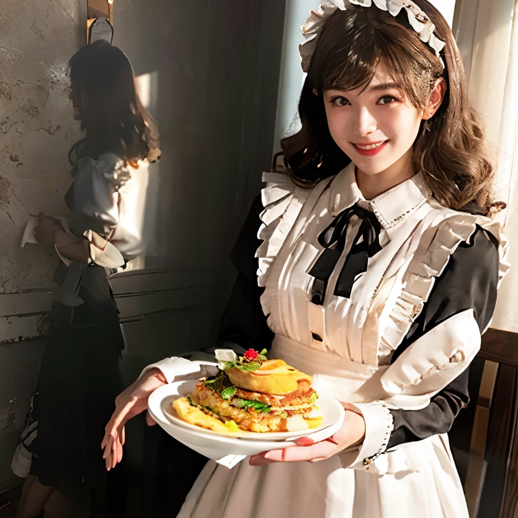 (Realistic:1.3), In detail, quality, Rembrandt Lighting, (masterpiece:1.2), (photoRealistic:1.2), (best quality), (Detailed skin:1.3), (Intricate details), dramatic, Ray Tracing, One person, Japanese, 21 years old, Detailed skin texture, (blush:0.5), (It gives me goosebumps:0.5), Scattered beneath the surface, smile, Happy, Medium chest, Long Curly Hair, Parted bangs, maid_dress, Omelette rice, Food on the tray, Holding Tray, whole body, (maid cafe, Cute ornament, A bright and cozy cafe), 