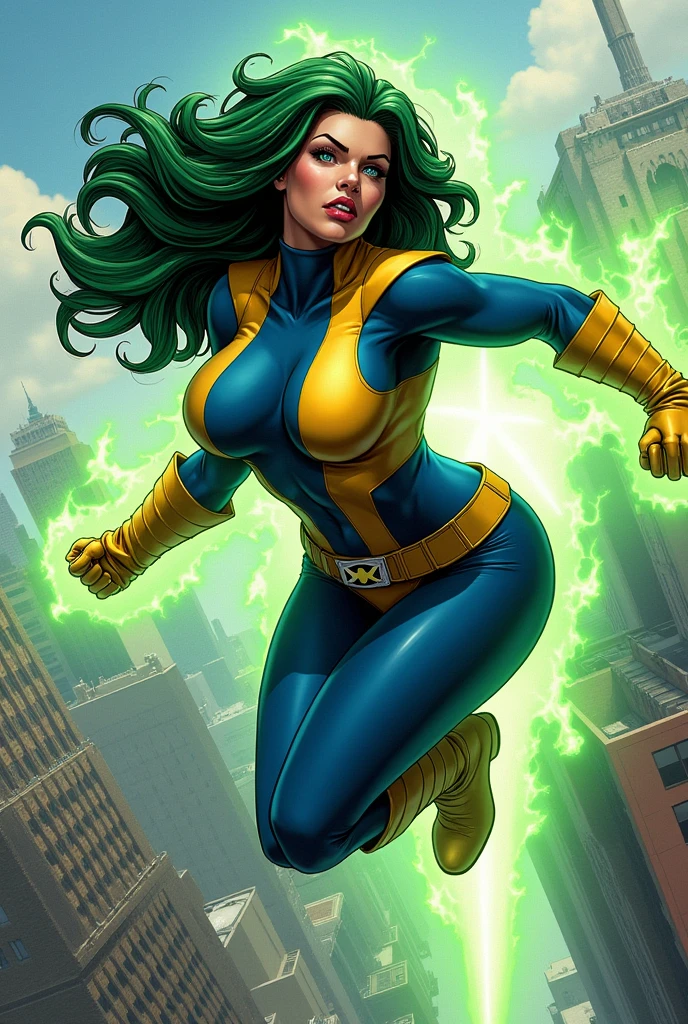 Lorna Dane, polaris x-men, (flying fight profile side pose:1.4), (green thick wavy long hair:1.4), (busty breast:1.4), wearing a blue costume, yellow in the chest and inguinal, with yellow xmen belt, yellow glowes, yellow boots, flying in New York city, (she's using her green power:1.3), (comic style:1.4)