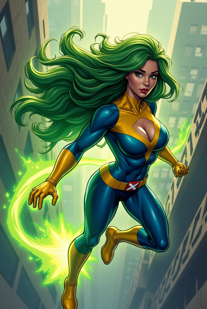 Lorna Dane, polaris x-men, (flying fight profile side pose:1.4), (green thick wavy long hair:1.4), (busty breast:1.4), wearing a blue costume, yellow  in the chest and inguinal, with yellow xmen belt, yellow glowes, yellow boots, flying in New York city, (she's using her green power:1.3), (comic style:1.4)