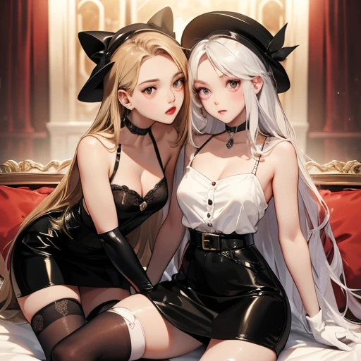 ((having hot lesbian sex in the bedroom. They are kissing, fondling, licking and with so much passion, these brunettes are so damn hot.)),(masterpiece, best quality:1.4), absurdres, highres, ultra detailed, beautiful, (secretary), (perfect face, detailed face, beautiful:1.3),(natural breasts, cleavage), collarbone, fingerless gloves, gloves,spaghetti strap top, black pencil skirt, tight, over the knee skirt, hat, elegant secretary outfit, thighhighs, thick thighs, thighs, multiple belts, More detailed 8K.motor irreal:1.4,UHD,La mejor calidad:1.4, fotorrealista:1.4, textura de la piel:1.4, obra maestra:1.8,obra-prima, mejor calidad,objeto Objeto], (detailed face features:1.3),(manos detailed)