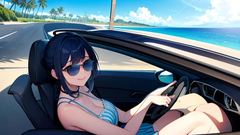 whole body, solo, alone, delicate facial features, medium tits, medium hair, black hair, tearful mole, earring, tank top shirt, cargo pants, shorts,