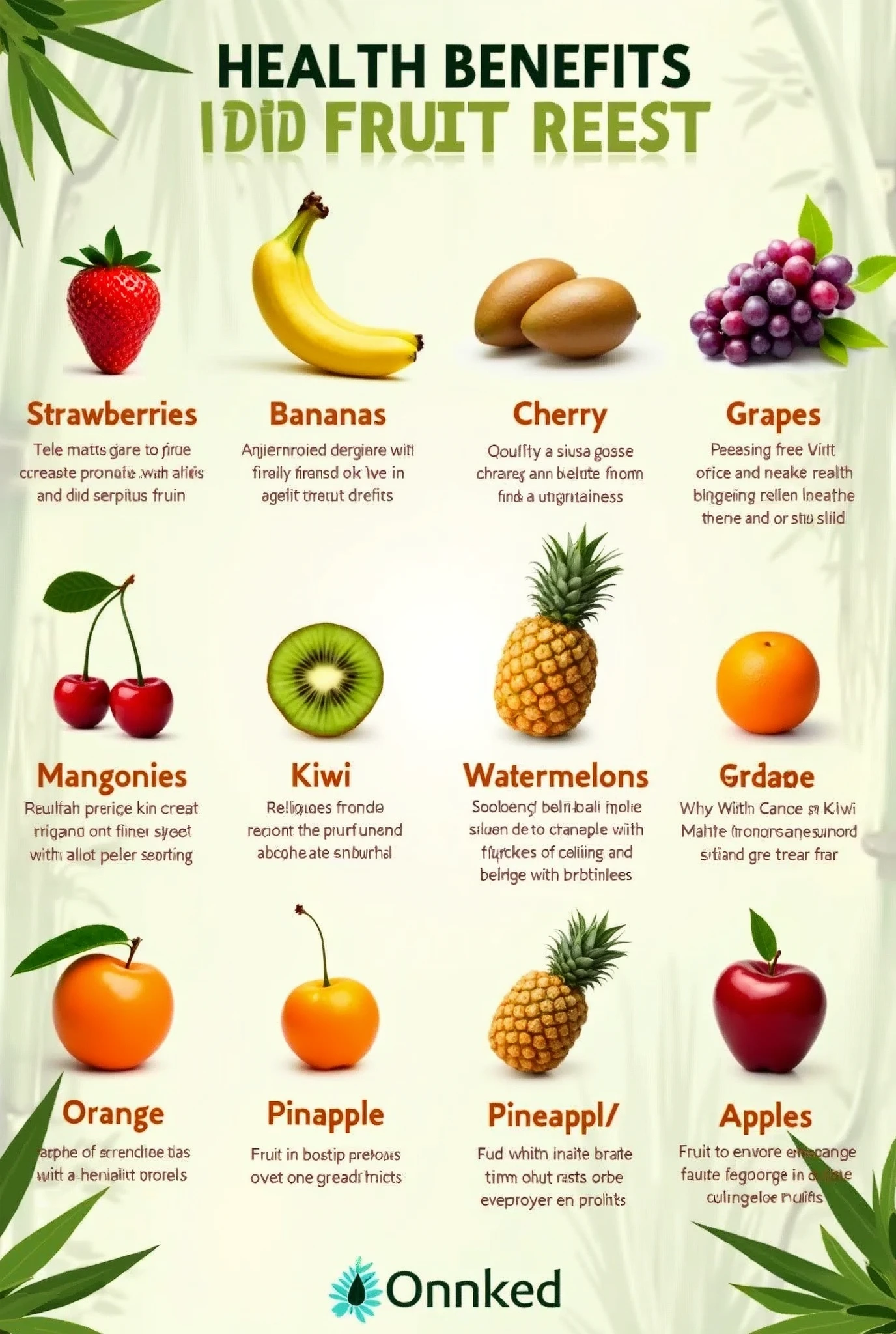 "Design an infographic-style image for Pinterest that highlights the health benefits of different fruits. Use a clean, minimalistic background with a natural theme, like a bamboo or green foliage. The image should be divided into sections featuring photos of individual fruits along with short health benefits in bold, easy-to-read fonts. For each fruit, include a high-quality image of the fruit and a caption detailing its benefit, such as:Strawberries: Fight cancer and agingBananas: Boost energyCherries: Calm the nervous systemGrapes: Relax blood vesselsKiwis: Increase bone massWatermelons: Control heart rateMangoes: Prevent cancersOranges: Protect skin and visionPineapples: Fight arthritisApples: Help resist infectionKeep the layout organized, with two fruits displayed in a horizontal row, alternating between different vibrant colors and bold fonts for clarity. Ensure the design is visually appealing and encourages sharing on social media."