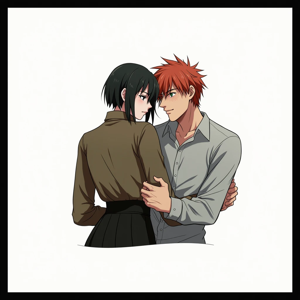 2 people, Guy with red hair, green eyes, Freckles, hugs a woman with very short black hair, serious face, black eyes, anime art, realistically, masterpiece
