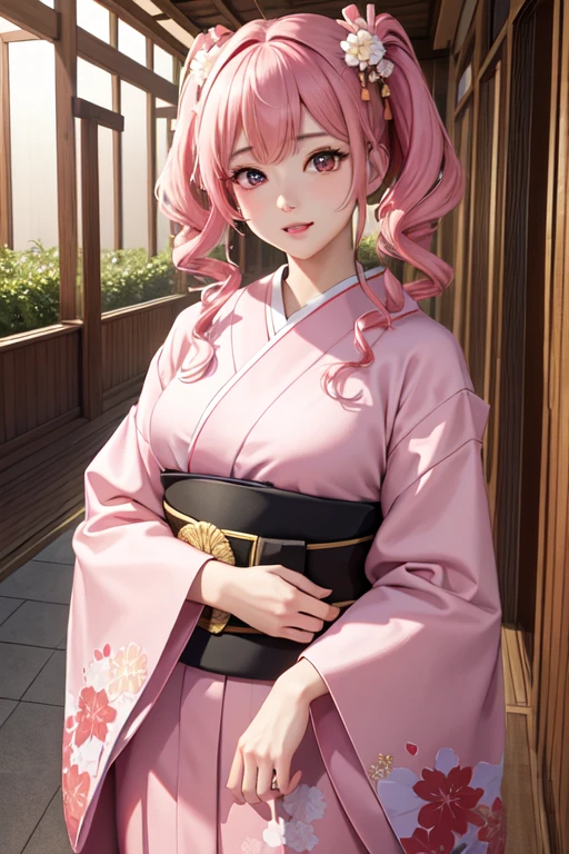 masterpiece, Highest quality, Very detailed, High resolution, expensive resolution, High resolution, 4K, 8k, Unity 8k wallpaper, Extremely detailed CG, masterpiece, 2D, 3d, Beautiful details, depth, Fine texture, Highest quality: 1.3, Perfect focus, Crispy skin, he, Very cute anime, wearing a Japanese fancy floral haori hakama, expensive pink twin tail hair, , looking at the viewer, expensive, blush, Mole, Open your lips, Pink Eyes,an anime girl with pink twin-tailed hair wearing a Japanese kimono a,Love horoscope,mysterious,front,Looking at this,spiritual