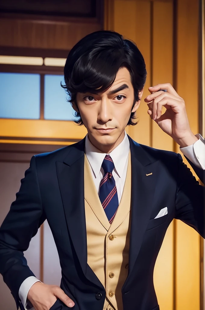 character。picture。An illustration。interesting。suit。The tie is golden.。Lupin III