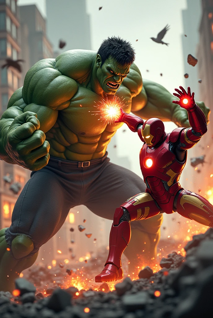 

Iron Man and Hulk are engaged in a fierce battle. Iron Man, in his high-tech armor, is firing repulsor blasts from his hands, while Hulk, with his green skin and intense expression, is swinging his massive fists in retaliation. The scene is dynamic and chaotic, with debris flying around and energy beams colliding. Iron Man's suit is glowing brightly, while Hulk’s powerful muscles and the force of his attacks create a dramatic contrast. The background features a cityscape in turmoil, emphasizing the intensity of their confrontation.