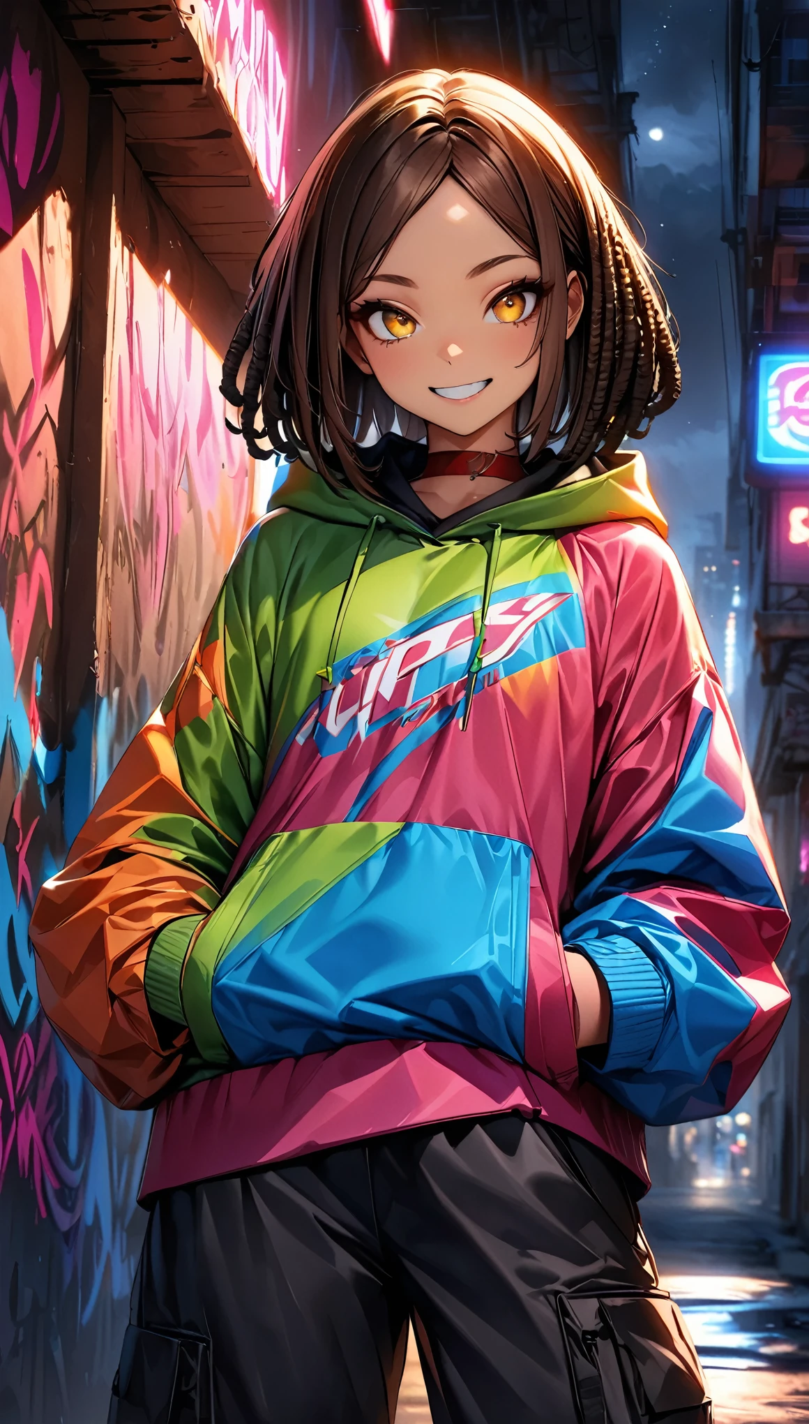 (Highest quality:1.2, Very detailed, up to date, Vibrant, Ultra-high resolution, High Contrast, masterpiece:1.2, Highest quality, Best aesthetics), (((1 person))), Dark brown hair girl, Golden Eyes, Dreadlocks, Wearing a cap, Wrapper Style:1.4, at night, Colorful hoodies, Black oversized cargo pants, Red choker, Painted walls. The background is a realistic dark slum. crazy smile, Dark Theme, Neon Light, graffiti, at night, city, Dim lighting, mysterious, Glowing Skin, Random Pause:1.2, Perfect Fingers, Five Fingers, Anatomically correct, Background Blur.
