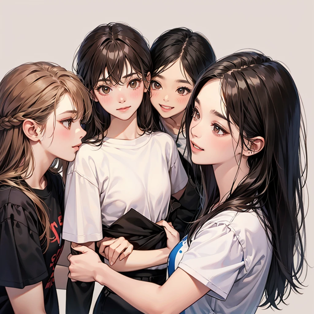 four girls, black hair, long hair, shill, Bob, smile, Still face,Light blush on the cheeks, brown eyes, simple background, high resolution, brown hair, Stand in line., Wear a t-shirt