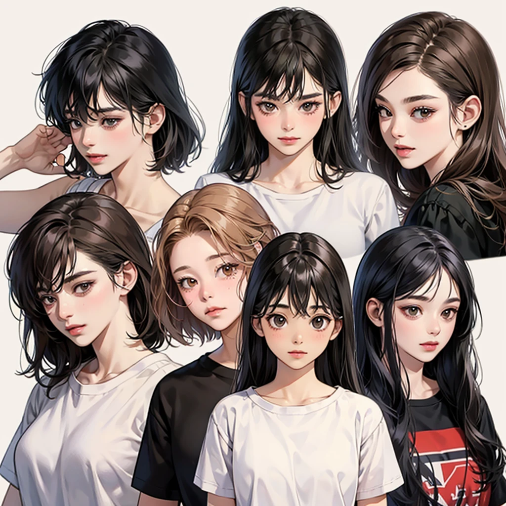 four girls, black hair, long hair, shill, Bob, smile, Still face,Light blush on the cheeks, brown eyes, simple background, high resolution, brown hair, Stand in line., Wear a t-shirt