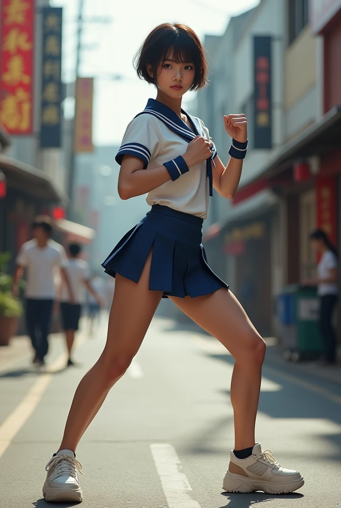 (Ultra HD, Highest quality, High resolution, Surreal, so beautiful), 24000dpi, Special Move Stance, Beautiful woman, Long Tail, Well-formed eyes, Best Vision, 18-year-old, attractive, Perfect body, Physical Beauty, (Sailor suit, mini skirt),whole body,Kenpo wielder,Be on guard,Short Crop Hair,Blue wristband,Platform sneakers,In town,A full-body image of a girl wearing a traditional sailor outfit with a mini skirt. She is depicted as a martial artist, standing in an urban street setting. Her right hand is extended in front of her in a fighting stance. She has short-cropped hair, blue wristbands, and thick-soled sneakers.