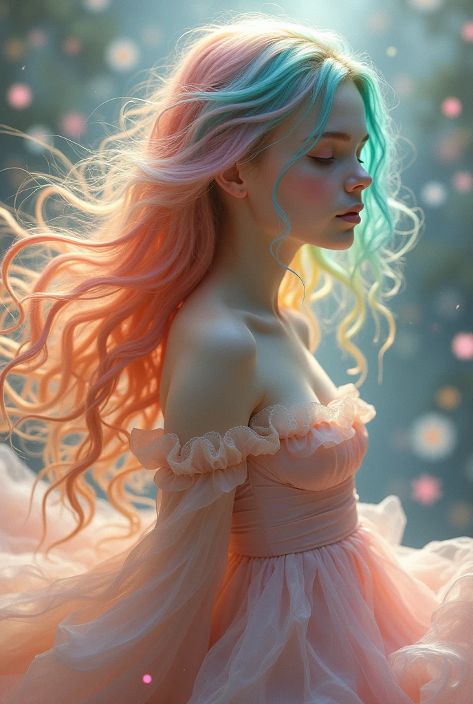 Rainbow haired  in fluffy dress