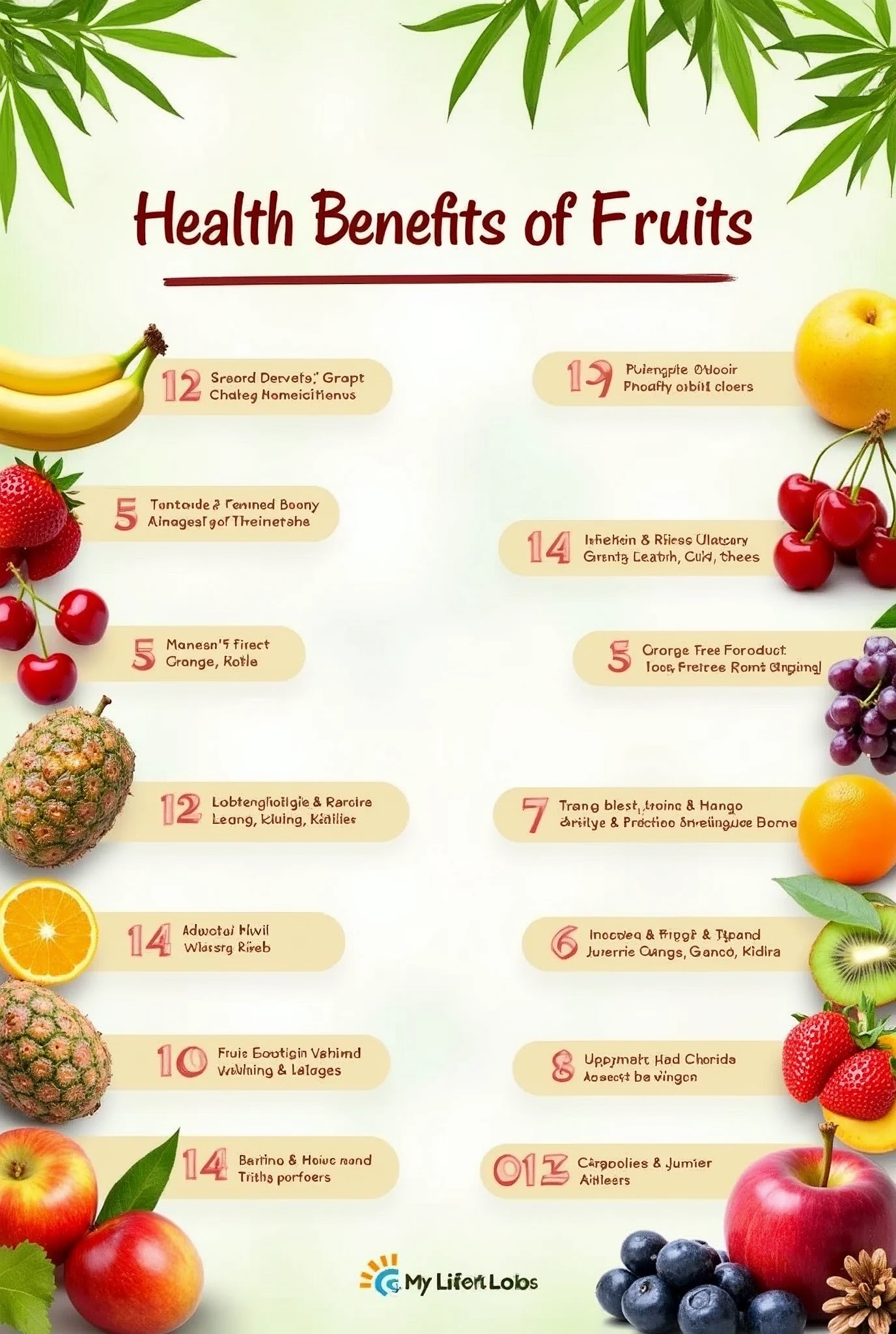 "Design an infographic-style image for Pinterest that highlights the health benefits of different fruits. Use a clean, minimalistic background with a natural theme, like a bamboo or green foliage. The image should be divided into sections featuring photos of individual fruits along with short health benefits in bold, easy-to-read fonts. For each fruit, include a high-quality image of the fruit and a caption detailing its benefit, such as:Strawberries: Fight cancer and agingBananas: Boost energyCherries: Calm the nervous systemGrapes: Relax blood vesselsKiwis: Increase bone massWatermelons: Control heart rateMangoes: Prevent cancersOranges: Protect skin and visionPineapples: Fight arthritisApples: Help resist infectionKeep the layout organized, with two fruits displayed in a horizontal row, alternating between different vibrant colors and bold fonts for clarity. Ensure the design is visually appealing and encourages sharing on social media."