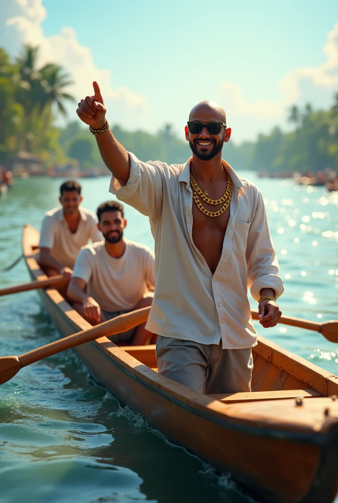 A dynamic scene of five men participating in a Kerala boat race. The main character is standing at the front of a long, traditional wooden boat. He has no facial hair (no beard or mustache), is bald, not muscular, and exudes happiness and energy. He is wearing a white shirt with a golden chain, and a black sunglasses with golden broder and he is pointing his finger forward with a confident, joyful expression. The other four men are seated behind him, all wearing t-shirts, rowing with enthusiasm. The boat is long, reflecting the traditional style of Kerala boat races. The scene captures the essence of teamwork, excitement, and the beauty of the water under a bright sky.
