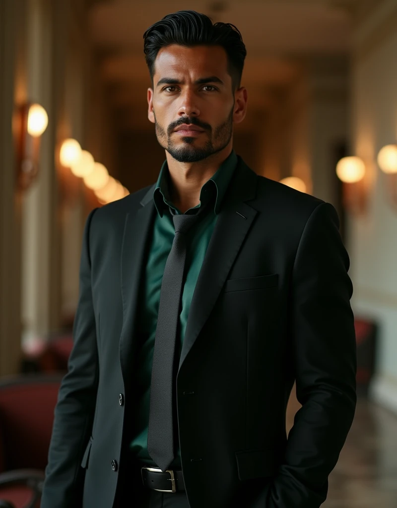 209 cm tall man with Mediterranean and Native American features, composed demeanor, and a deeply introspective nature. He has dark brown skin, short wavy obsidian-black swept back crew cut hair, short scruffy black facial hair. He wears a tailored black suit with a forest green silk shirt and a slim black tie. He stands in an elegant, modern venue, exuding quiet confidence. Photorealistic, cinematic lighting, high resolution.