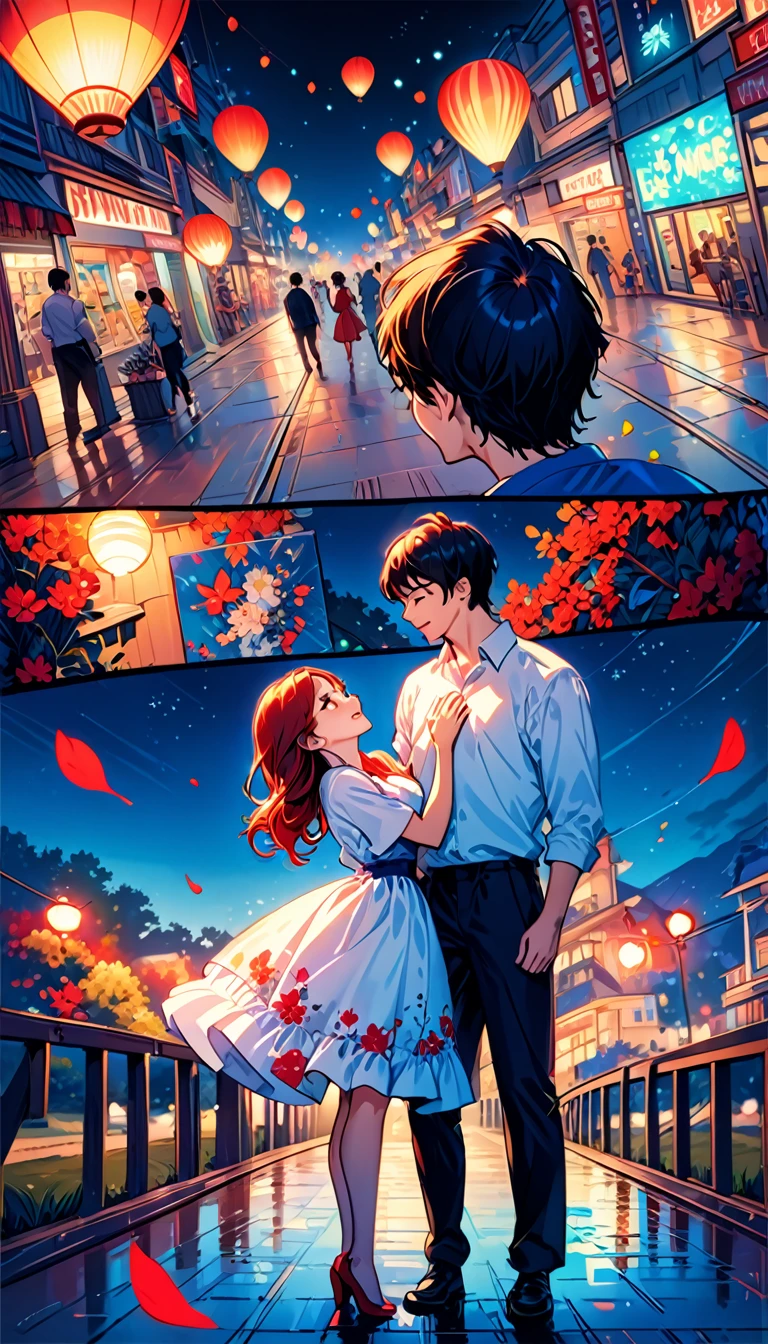 (Highest quality,Very detailed,Realistic:1.37),humor,Comic book style,Bold,Vibrant colors, Close to cool colors,Desaturate,Beautiful night view, A girl and a boy, Fun couple, Laughter, floating love,