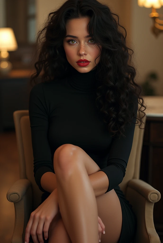 Ultra realistic, photography, long black curly hair, girl, 21 years old, hourglass figure, perfect body, natural medium breasts, Detailed green eyes, slightly acne on face, Flirty look, extremely detailed artgerm, in the style artgerm, facing the camera, lens 35 mm, blur background, masterpiece, super detailed, detailed face, Detailed acne on face, beautiful green eyes, detailed eyeshadow, lip details, red lipstick, full body, black curly hair, Wearing a black beautiful dress, turtleneck, she is wearing black elegant high heels, Detailed showing high heels, she is a femme fatale, sitting on a chair, her legs crossed, she is holding one (1), full body shot, wide angle, zoomed out,