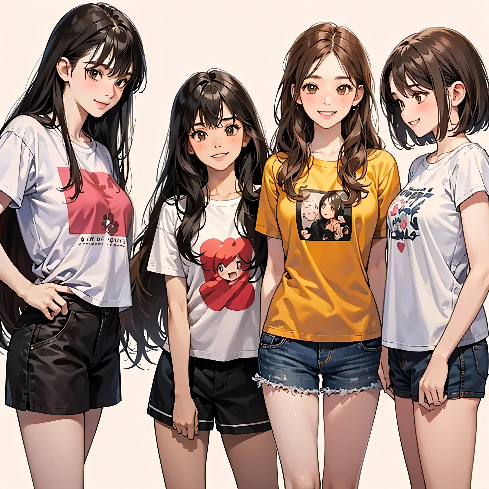 four girls, black hair, long hair, shill, Bob, smile, Still face,Light blush on the cheeks, brown eyes, simple background, high resolution, brown hair, Stand in line., Wear a t-shirt