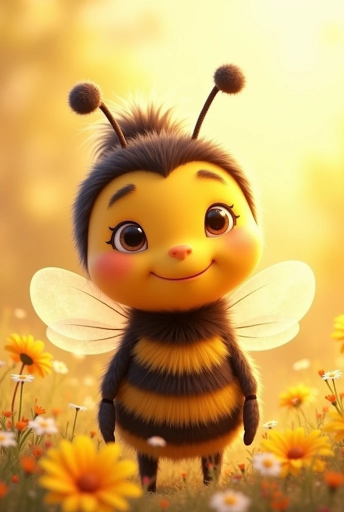 a female bee mascot with a gentle, sweet, and low smile