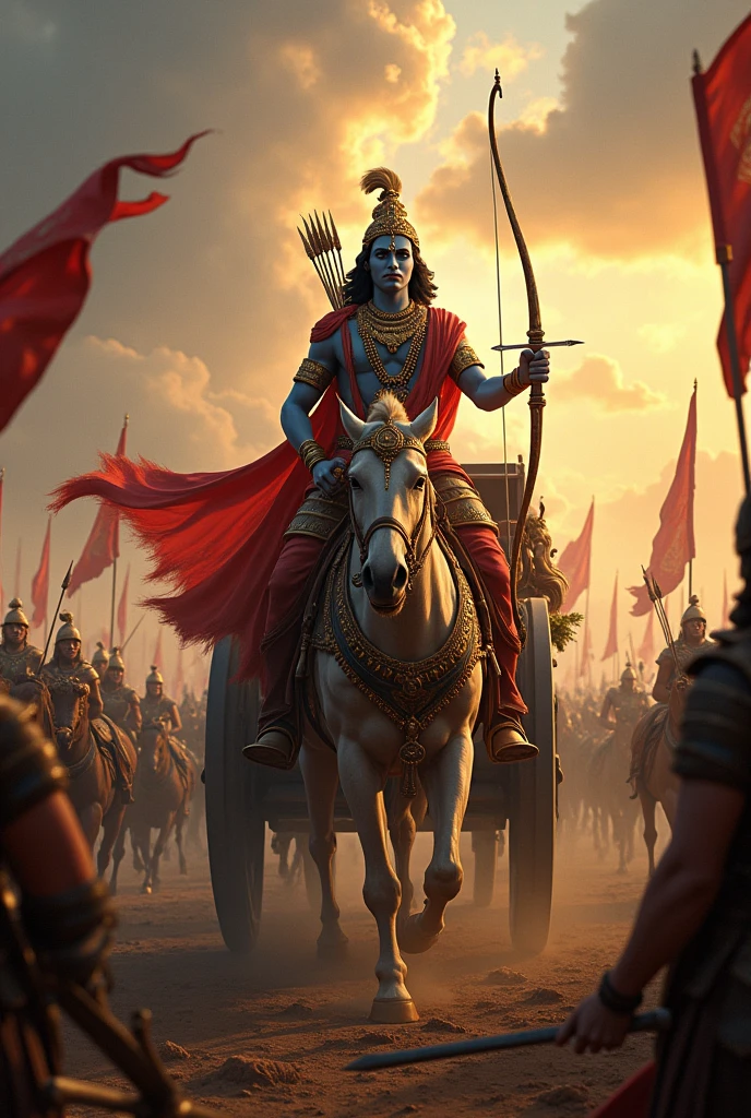 Create a dynamic and authentic image of Krishna and Arjuna on the battlefield of the Mahabharata. The scene should capture the intensity of the moment, with Krishna delivering his divine counsel from the chariot. Arjuna, in his warrior attire, should be depicted in a state of contemplation or doubt. The background should showcase the chaos of battle, with soldiers and chariots in action, and the landscape of the Kurukshetra battlefield. The overall composition should evoke the epic nature of their dialogue, emphasizing both the spiritual and dramatic aspects of the scene.