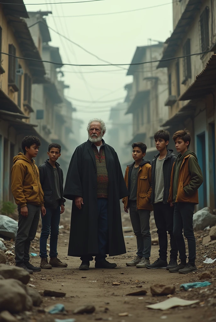 Old Don Bosco is with a group of 7 teenagers, they are watching a poor neighborhood, they are standing.,They are in 2024 and have a surprised and scared look on their faces.