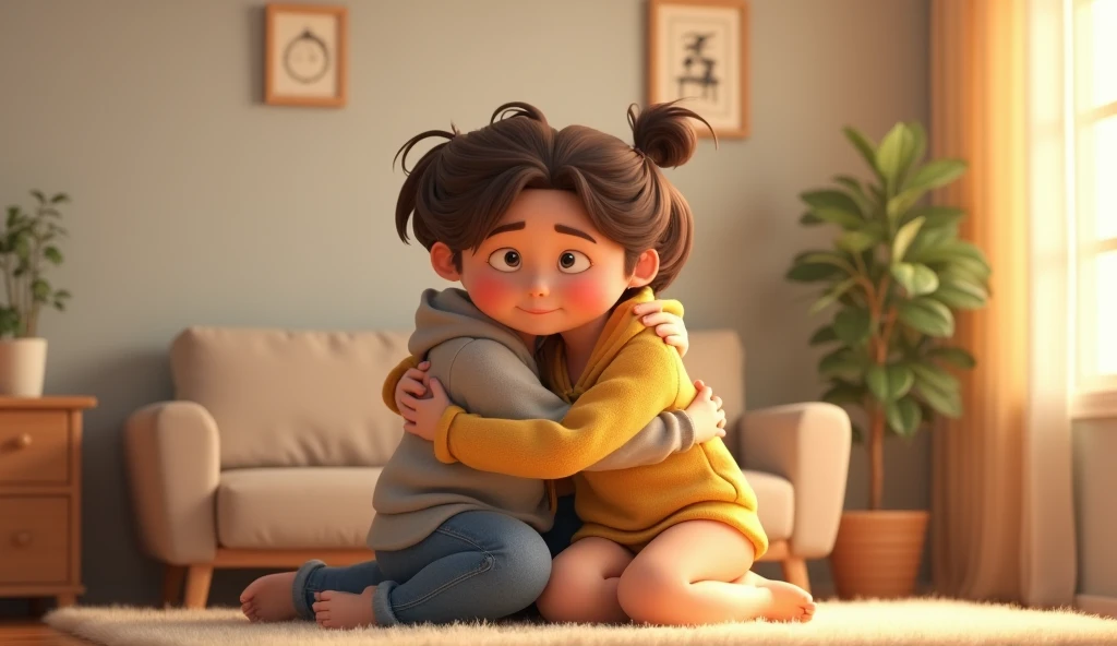3D animation style.'A young couple cuddles in a simple room,The background is simple furniture"