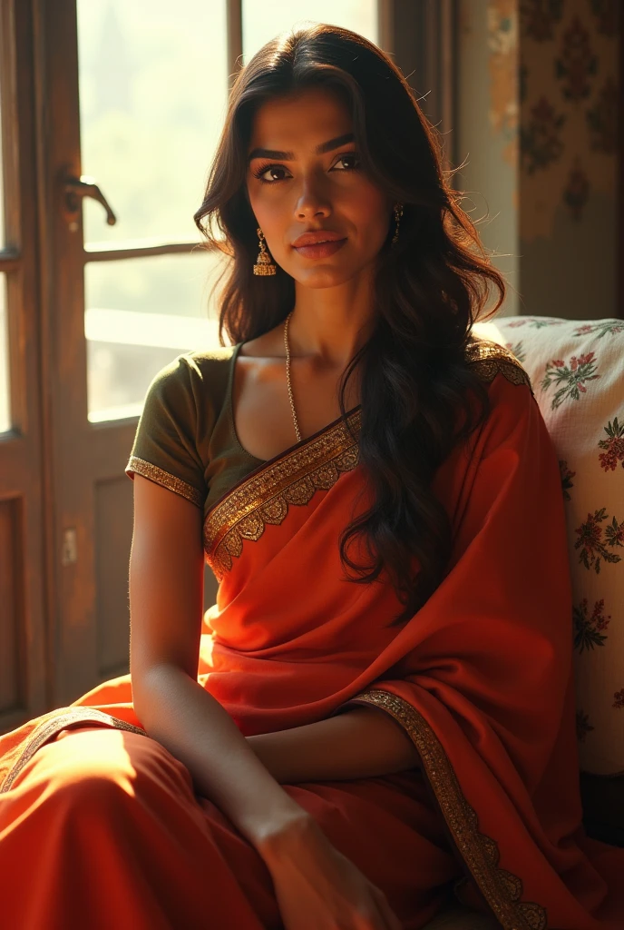 Kriti sanon in saree, relaxed pose, sitting, lighting room, window with sunlight