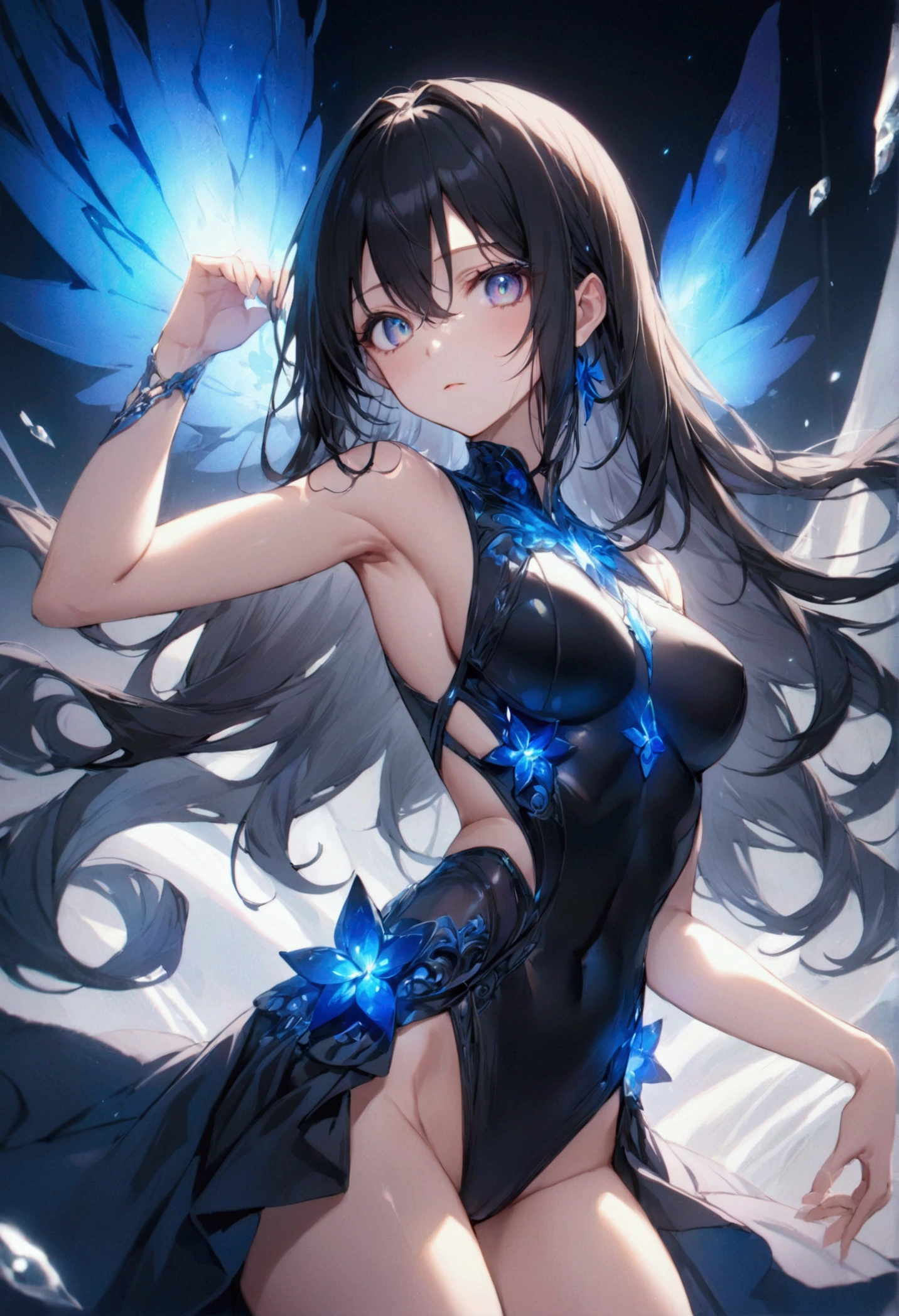 Anime girl with long black hair with white highlights ,onyx eyes,perfect body,sleeveless one-piece dress, detailed body, detailed eyes, masterpiece, best quality, aesthetic, standard pose