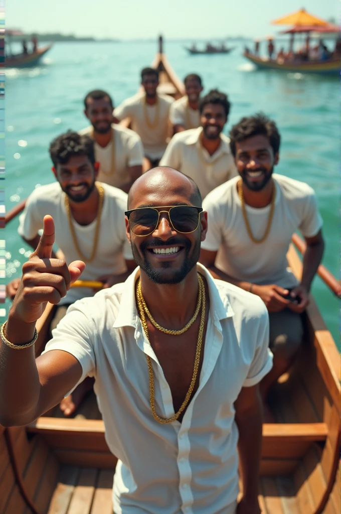 A dynamic scene of five men participating in a Kerala boat race. The main character is standing at the front of a long, traditional wooden boat. He has no facial hair (no beard or mustache), is bald, not muscular, and exudes happiness and energy. He is wearing a white shirt with a golden chain, and a black sunglasses with golden broder and he is pointing his finger forward with a confident, joyful expression. The other four men are seated behind him, all wearing t-shirts, rowing with enthusiasm. The boat is long, reflecting the traditional style of Kerala boat races. The scene captures the essence of teamwork, excitement, and the beauty of the water under a bright sky.