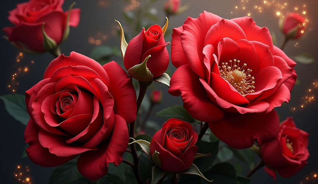 A highly detailed, hyper-realistic painting of an arrangement of delicate red roses, vibrant colors, sharp lines, intricate petals, delicate stamens, a magical dark background with many curved light trails, studio lighting, realistic, 8K resolution, masterpiece